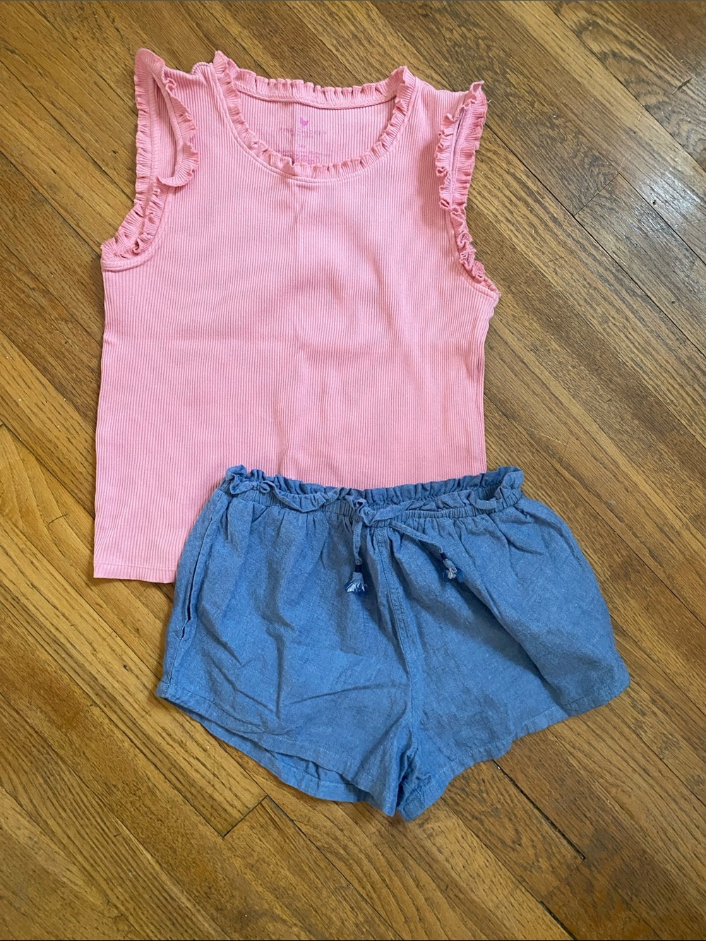 Pink chicken NY pink ribbed tank and chambray shorts